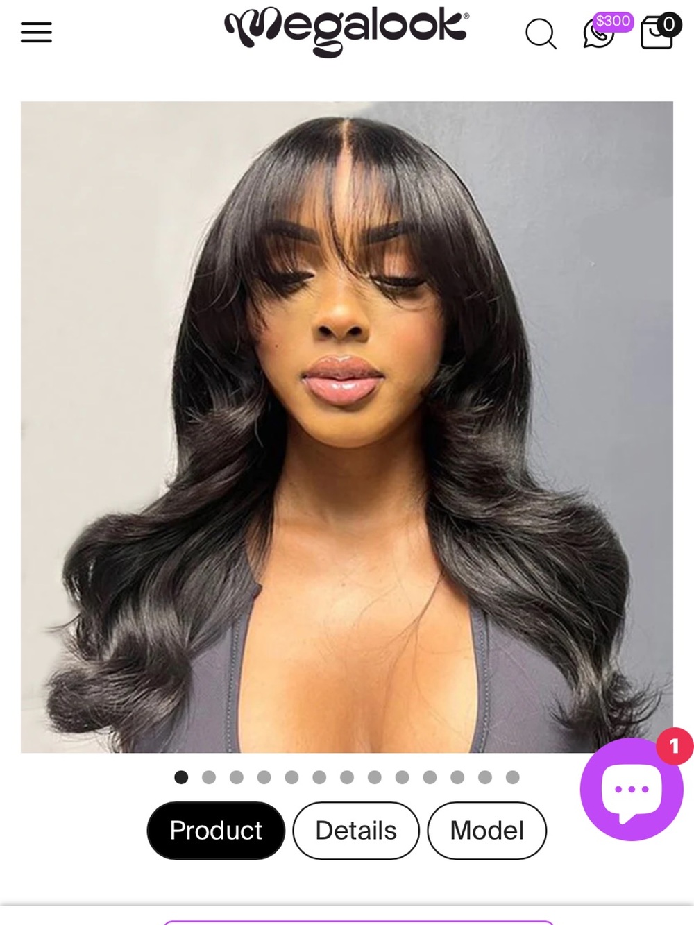 Human Hair 16” Black Wavy Long Wig with Curtain Bangs - Women Hair